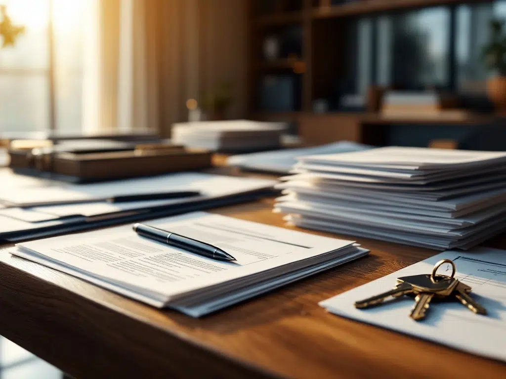 Houten bureau met georganiseerde documenten, zwarte pen en huissleutels met sleutelhanger in modern kantoor