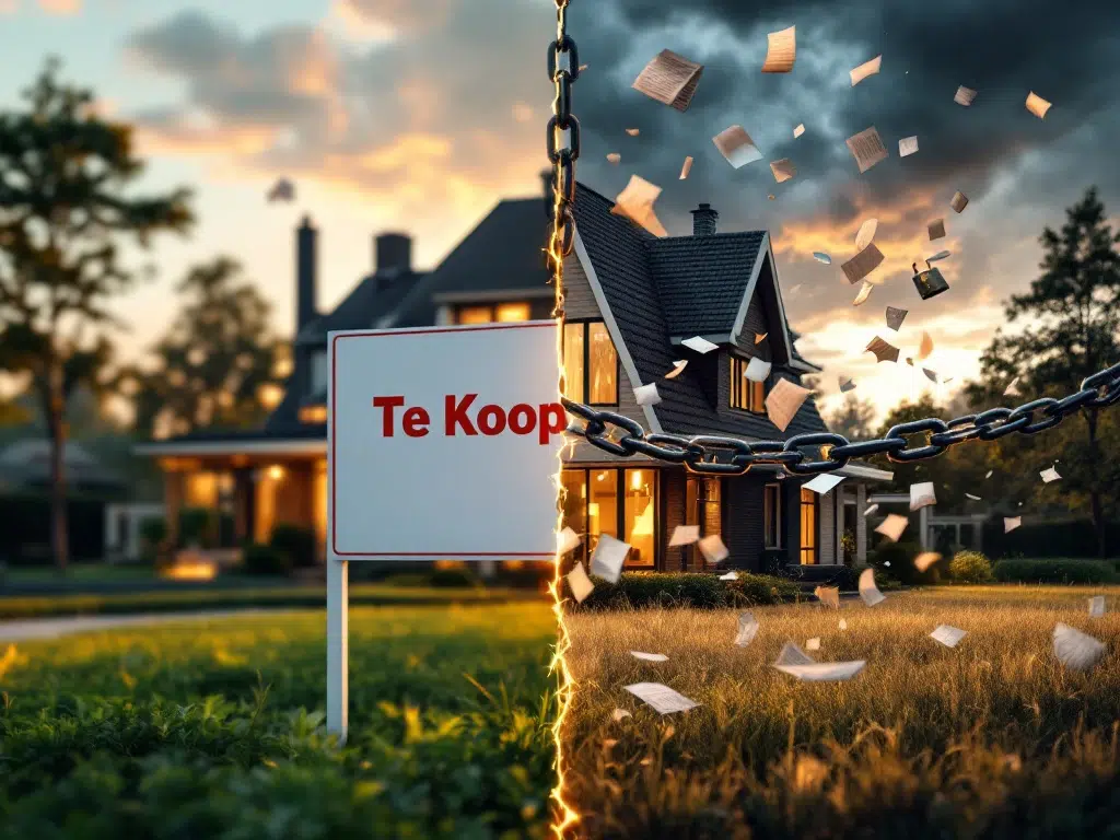 Modern Nederlands huis met "Te Koop" bord, links zonnig met mooie tuin, rechts stormachtig met rondvliegende papieren
