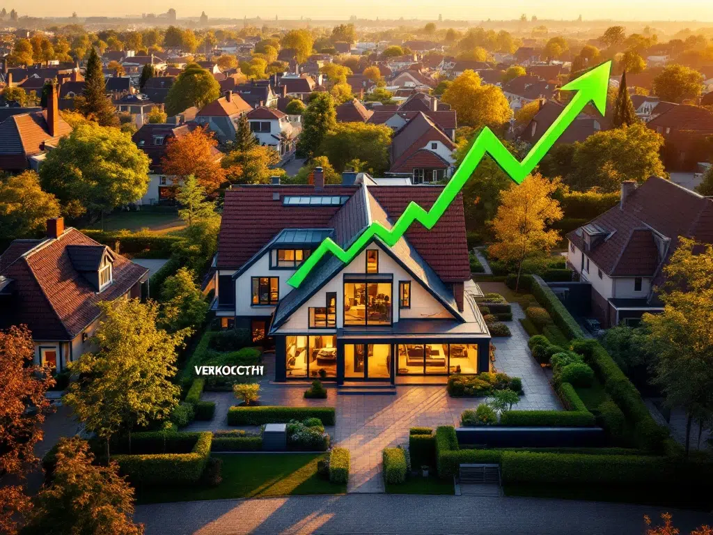 Moderne Nederlandse woning met rode dakpannen en VERKOCHT bord in elegante woonwijk tijdens gouden uur