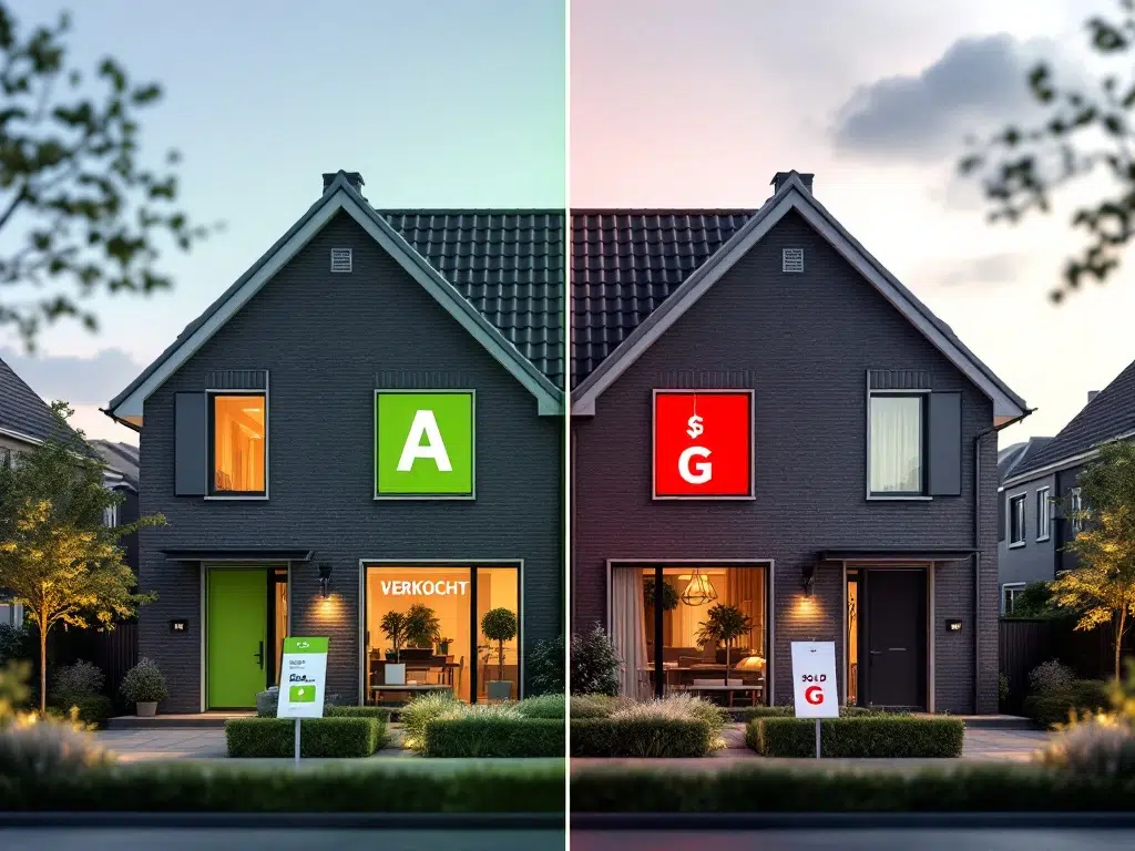 Twee identieke Nederlandse huizen met energielabels A en G, verschillende prijzen en verkocht-bord op het A-label huis