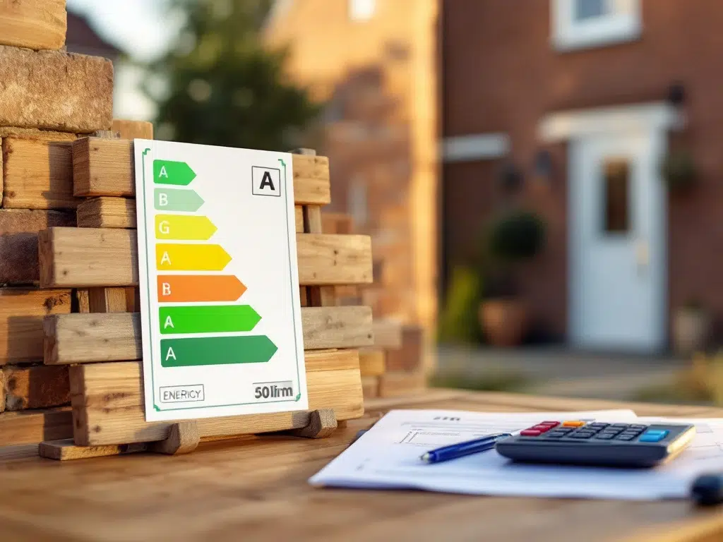 Groene A-label energiecertificaat op moderne Nederlandse woning met bakstenen gevel en vastgoeddocumenten op voorgrond