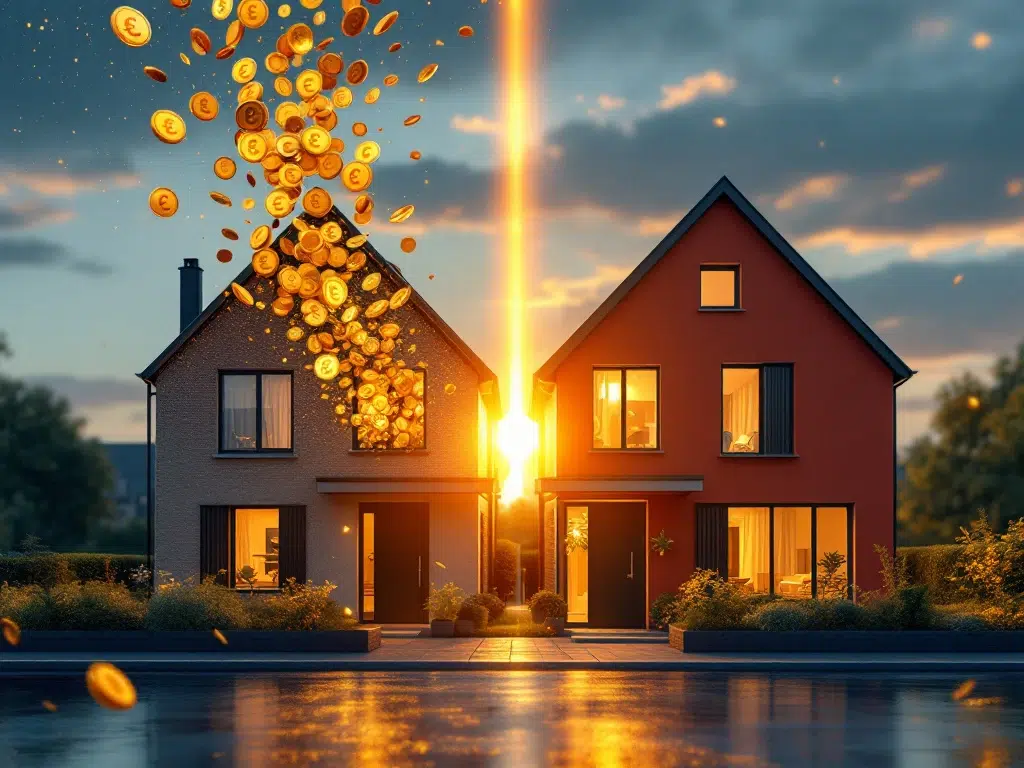 Twee moderne Nederlandse huizen verbonden door gouden lichtbrug, linker huis met euro-symbolen voor hypotheekequity