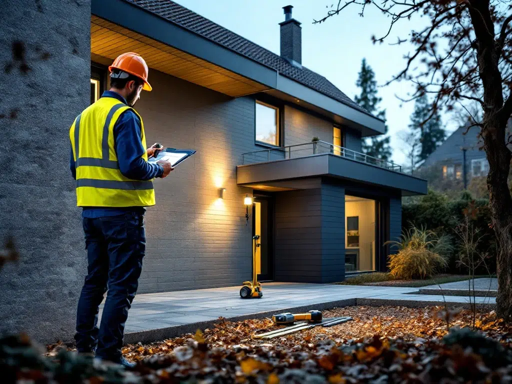 Professionele inspecteur in veiligheidsvest onderzoekt fundering van moderne Nederlandse woning met klembord