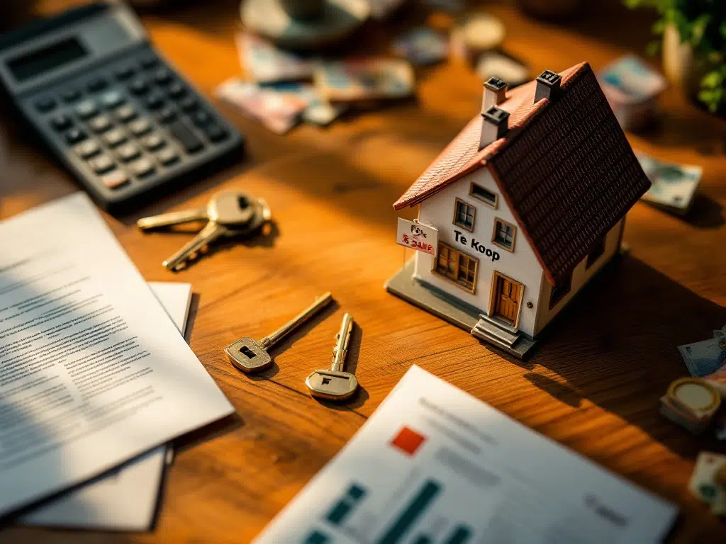 Miniatuur huismodel met "Te Koop" bord op houten bureau omringd door financiële documenten, rekenmachine en eurobiljetten