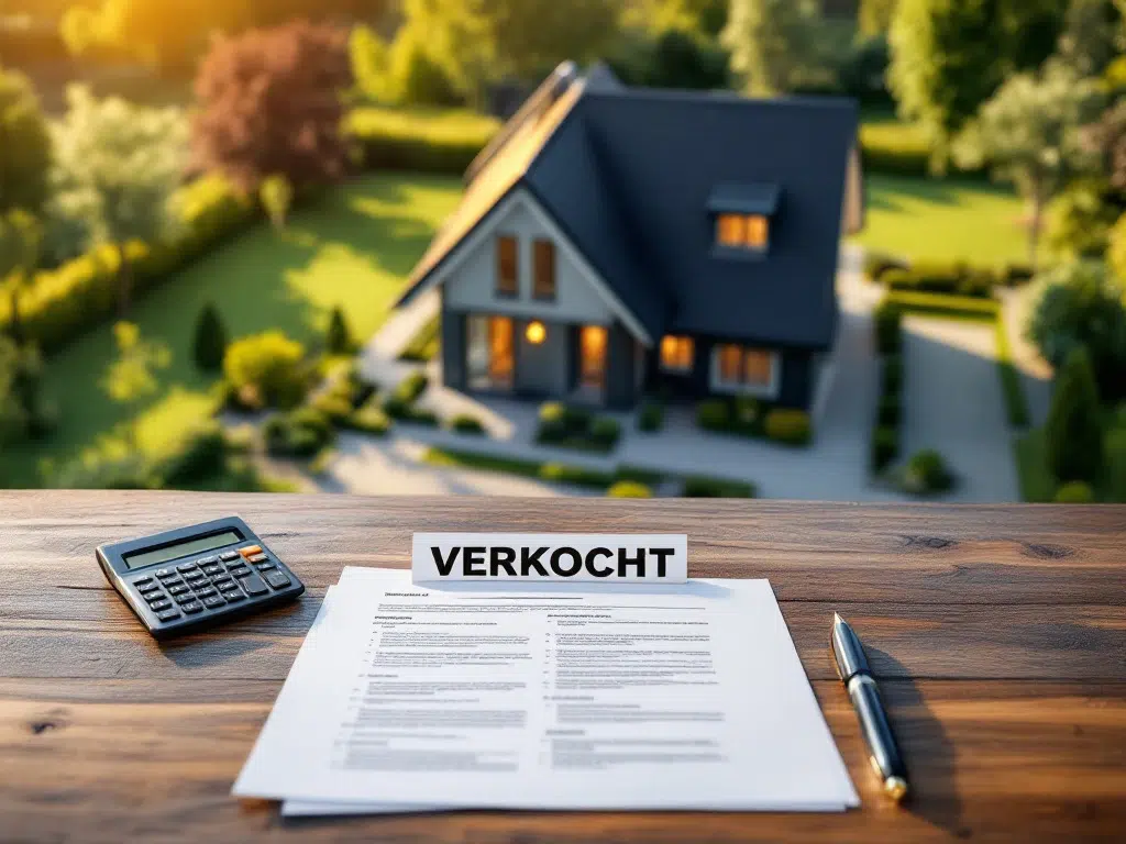 Professionele documenten en rekenmachine op houten bureau met verkocht Nederlands huis op achtergrond