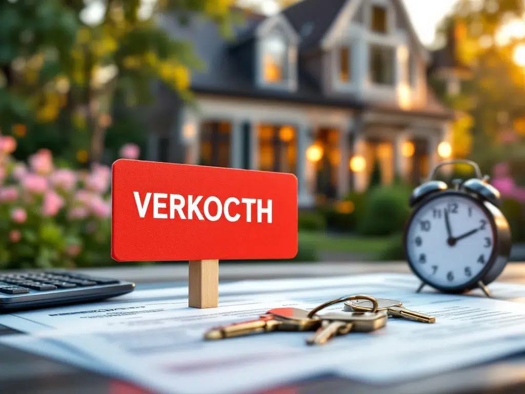 Verkocht Nederlands huis met rode VERKOCHT bord, huissleutels op documenten en rekenmachine in voorgrond