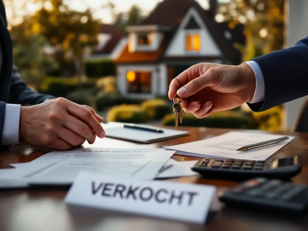 Zakelijke handen wisselen huissleutels uit boven vastgoeddocumenten met VERKOCHT-bord en Nederlands huis op achtergrond