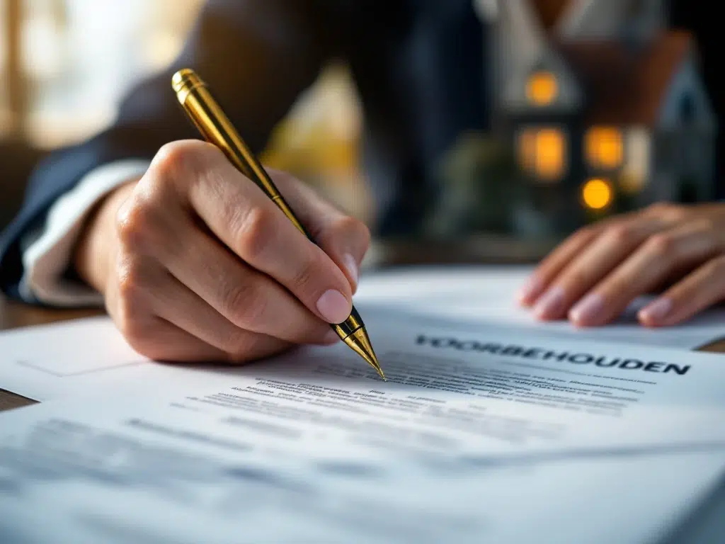 Handen tekenen vastgoedcontract met gouden pen, Nederlandse woning op achtergrond, voorbehouden clausules zichtbaar