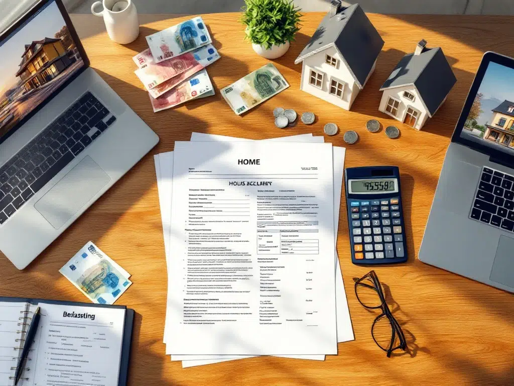 Bovenaanzicht van houten bureau met huisverkoop documenten, belastingpapieren, laptop met woningadvertentie en huismodel