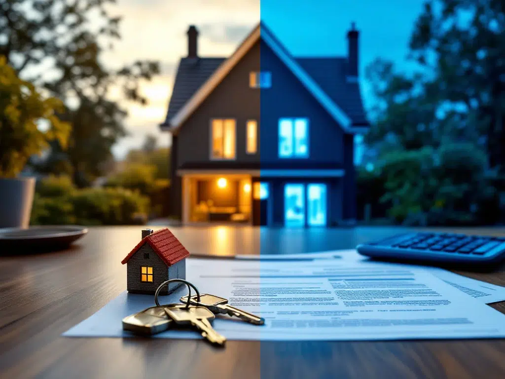 Modern Nederlands huis in split-screen met gouden en blauwe verlichting, husleutels en hypotheekdocumenten op houten tafel