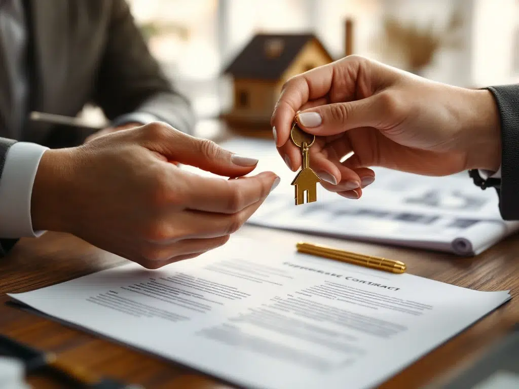 Handen die huissleutels uitwisselen boven vastgoedcontracten op houten bureau met huismodel op achtergrond