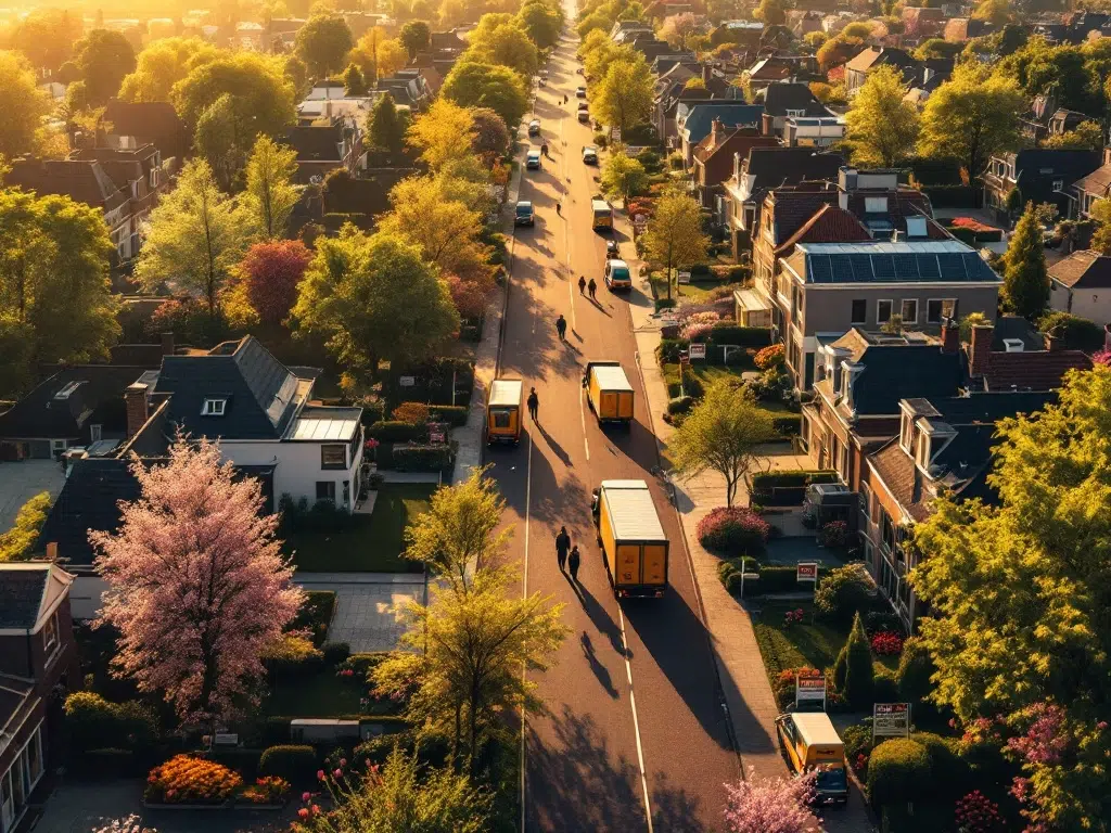Luchtfoto van Nederlandse woonwijk met Te Koop borden, bloeiende tulpen en verhuisactiviteit tijdens lente