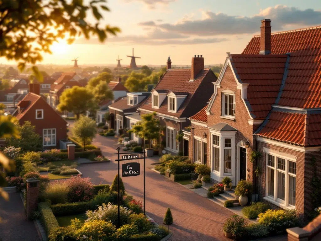 Te koop bord voor traditioneel Nederlands bakstenen huis in woonwijk met kanaalhuizen en rode daken