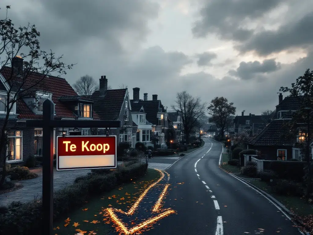 Luchtfoto van Nederlandse woonwijk met Te Koop bord, traditionele huizen onder bewolkte hemel met herfstbladeren op straat