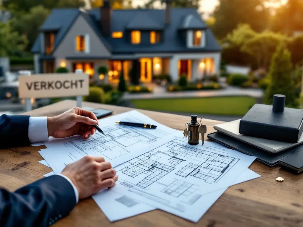 Verkocht huis met makelaar handen boven hypotheekdocumenten, blauwdrukken en huissleutels op houten bureau