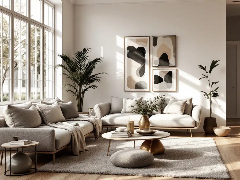 Moderne Nederlandse woonkamer met pluche bank, salontafel, kunstwerken en natuurlijk licht door grote ramen