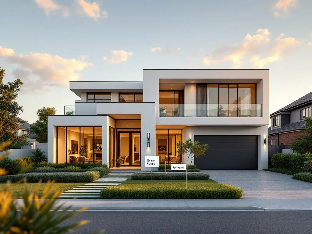 Moderne nieuwbouwwoning met Te Koop bord in voortuin, luchtfoto bij gouden uurtje in nieuwe woonwijk