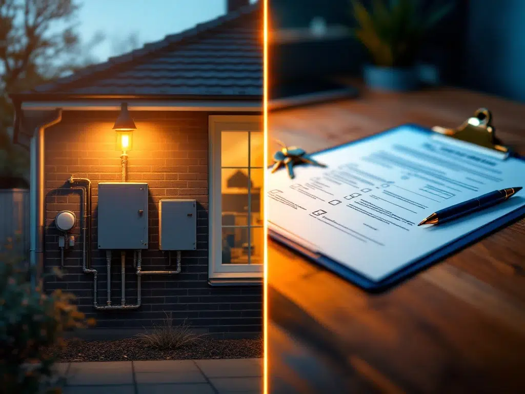 Nederlandse woning met nutsvoorzieningen links, administratieve documenten voor nutsoverdracht rechts op houten bureau