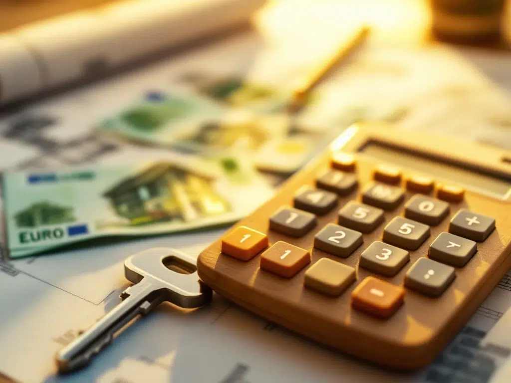 Rekenmachine, eurobiljetten en huissleutel op bouwplannen voor hypotheek en vastgoedfinanciering