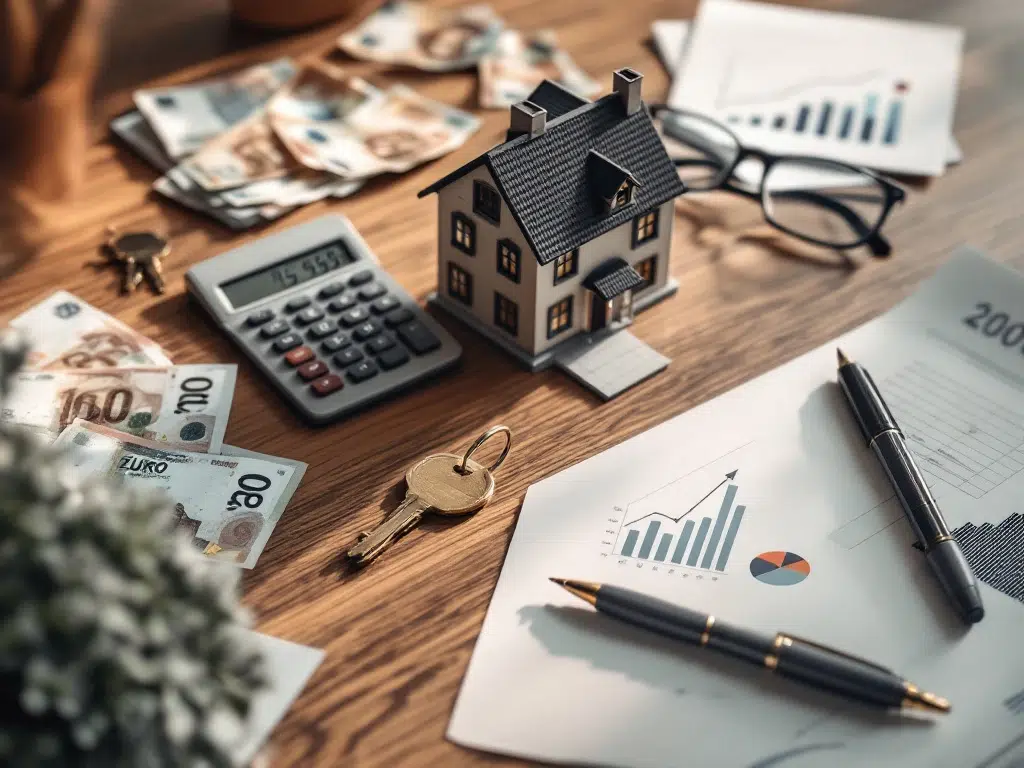 Houten bureau met huismodel, rekenmachine, eurobiljetten, sleutels en financiële documenten voor hypotheekplanning