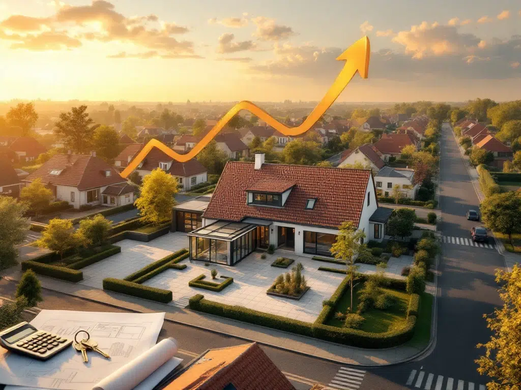 Luchtfoto van Nederlandse wijk met gouden gloed rond huis, calculator en sleutels op blauwdrukken, pijlen omhoog
