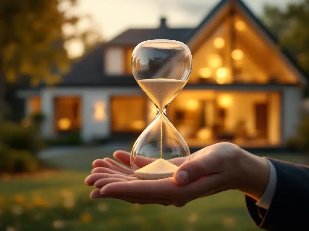 Elegante handen houden witte zandloper vast voor moderne Nederlandse woning tijdens gouden uur, symboliseert vastgoed timing