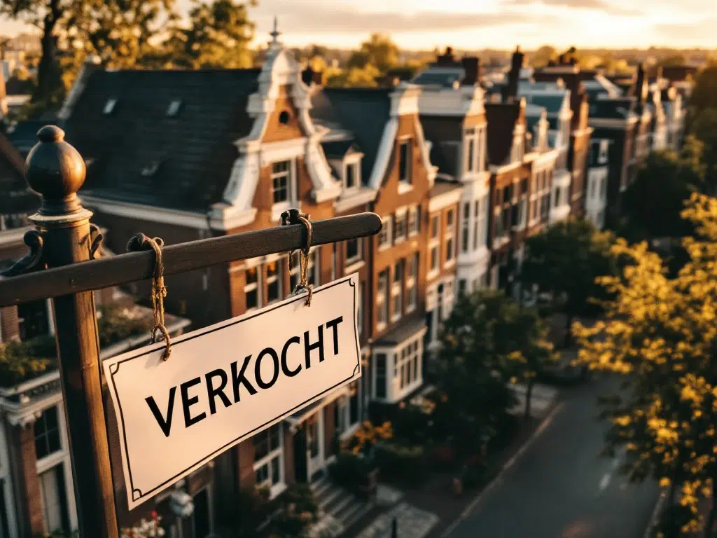 Verkocht bord voor traditioneel Amsterdams grachtenpand met karakteristieke gevels in historische woonwijk