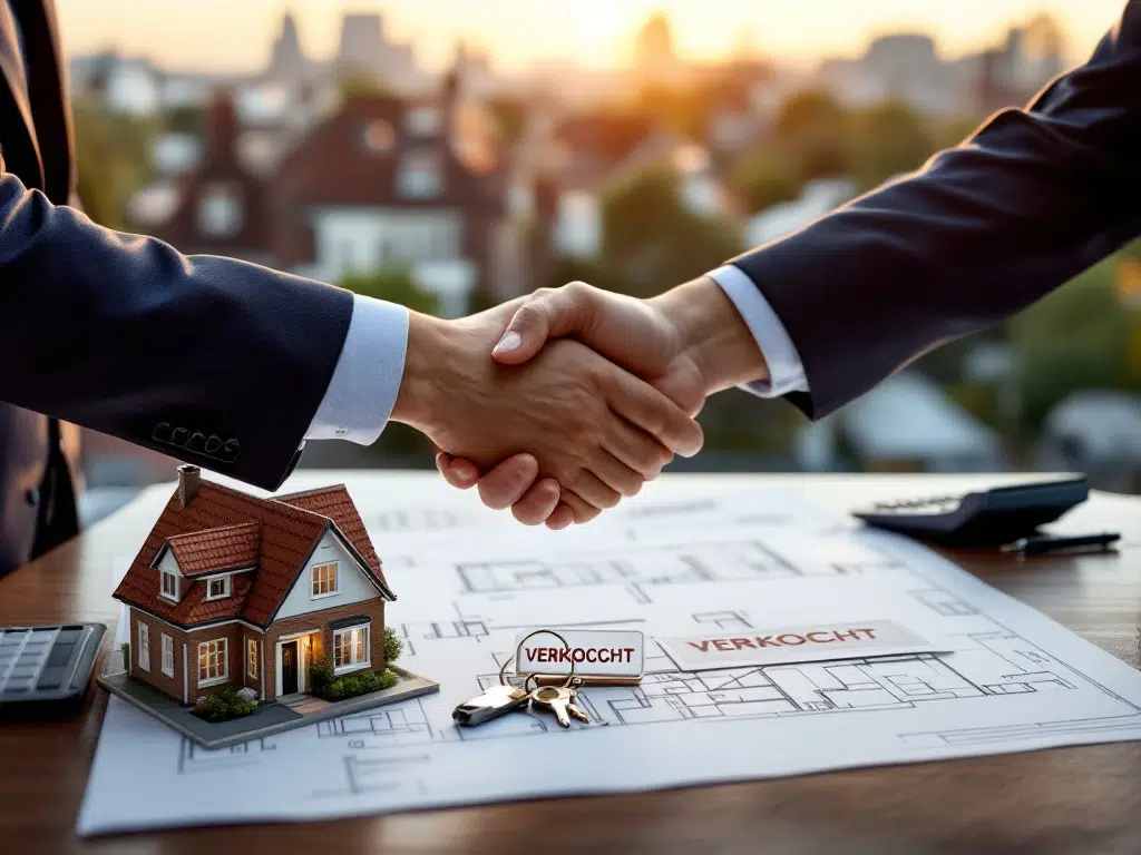Professionele handdruk boven huissleutels en blauwdrukken met VERKOCHT bord in Nederlandse woonwijk op achtergrond