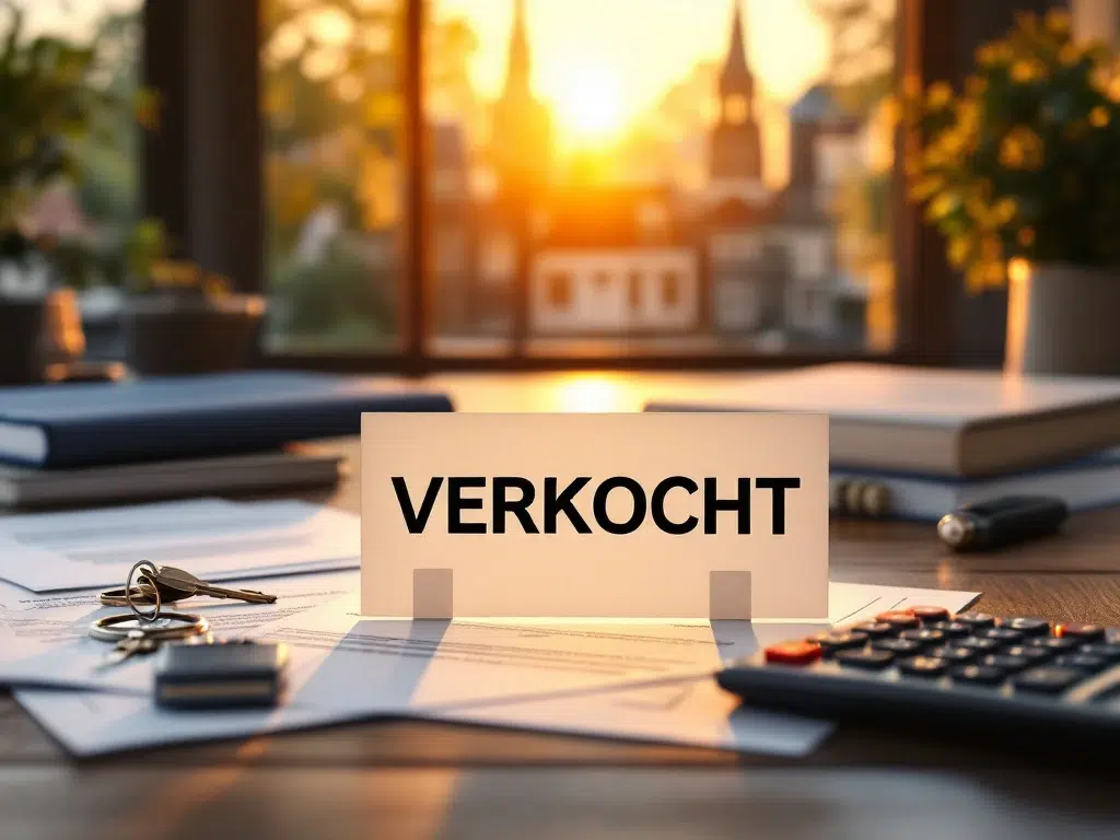 Modern huis met VERKOCHT bord op bureau met documenten, sleutels en calculator in warme professionele verlichting