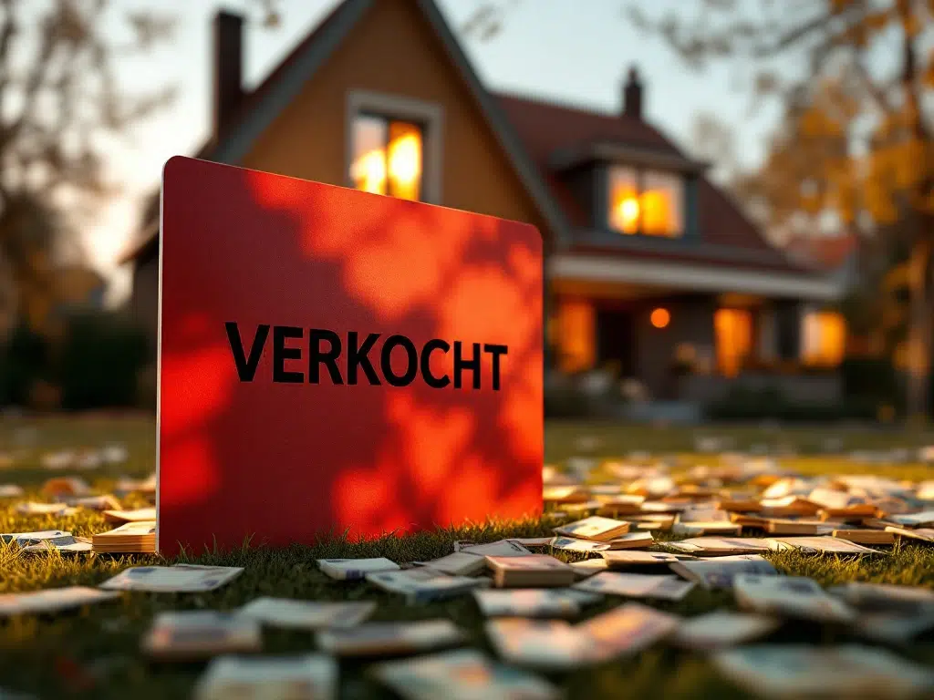 Modern Nederlands huis met groot rood VERKOCHT bord en verspreide euro bankbiljetten op de voorgrond