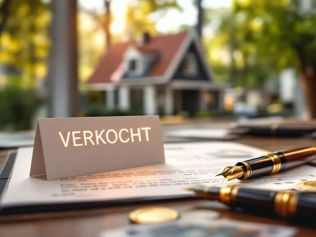Nederlandse woning met VERKOCHT bord, notaris zegel, euro bankbiljetten en getekende documenten op houten bureau