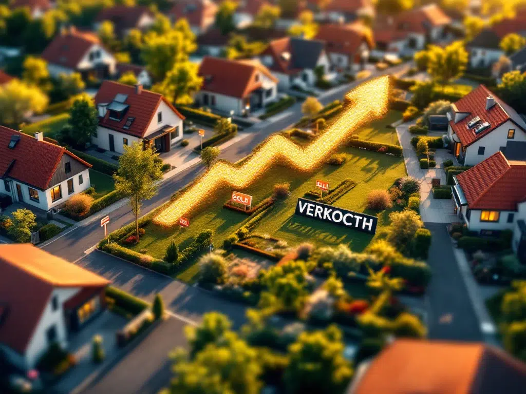 Luchtfoto van Nederlandse wijk met meerdere VERKOCHT-borden op gazons, moderne huizen met rode daken