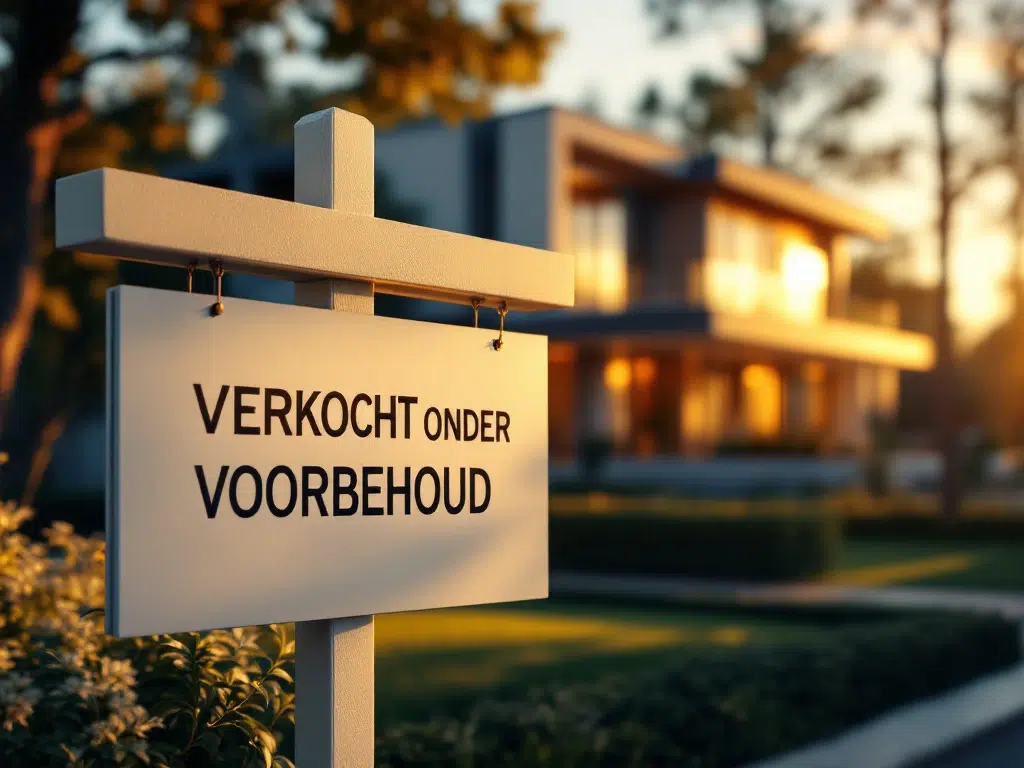 Modern huis met "VERKOCHT ONDER VOORBEHOUD" makelaarsbord in voorgrond, warme avondverlichting, contractpapieren zichtbaar