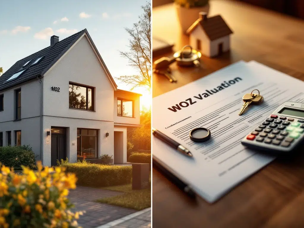 Modern Nederlands huis met adresgegevens naast WOZ-documenten, rekenmachine en sleutels op bureau voor woningwaardering