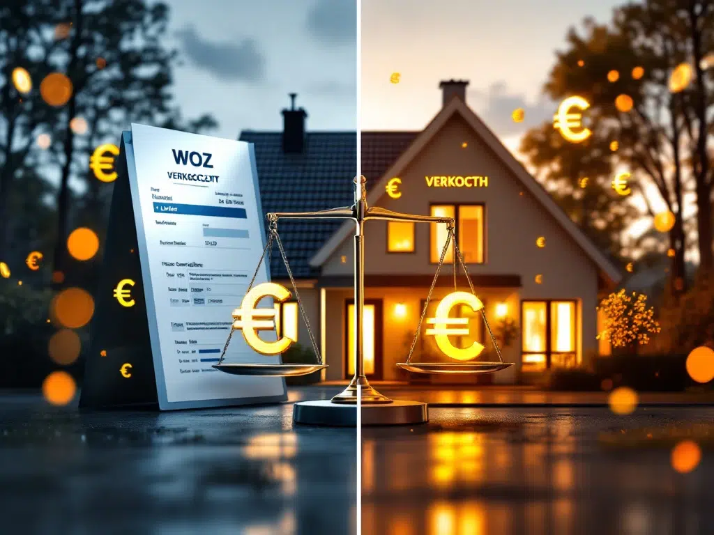 Split-screen vergelijking Nederlandse woning: linkerkant WOZ-waarde berekening, rechterkant hogere marktwaarde met euro symbolen