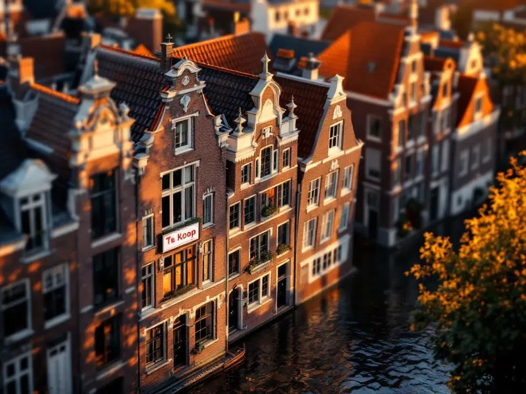 Traditionele Amsterdamse grachtenpanden met rode daken en 'Te Koop' bord, luchtfoto tijdens gouden uur