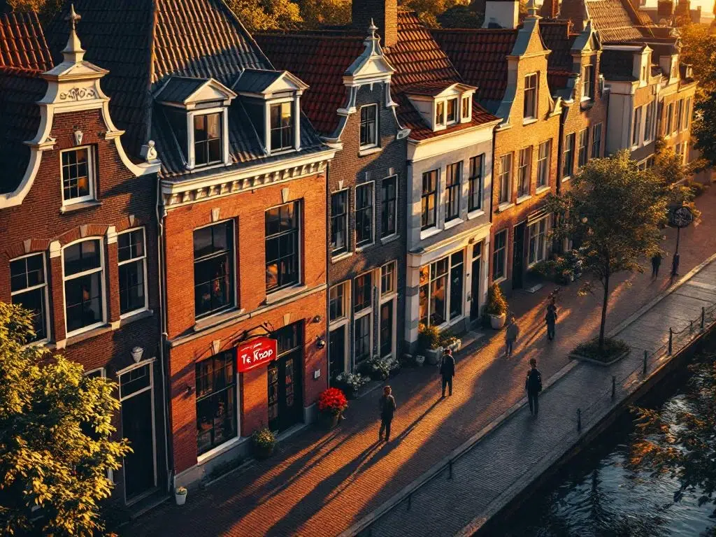 Traditionele Amsterdamse grachtenpanden met te koop bord, luchtfoto tijdens gouden uur met kenmerkende trapgevels