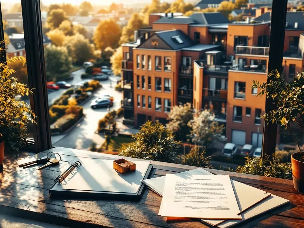 Luchtfoto van modern Nederlands appartementencomplex met rode bakstenen gevels, gemeenschappelijke tuinen en documenten op tafel