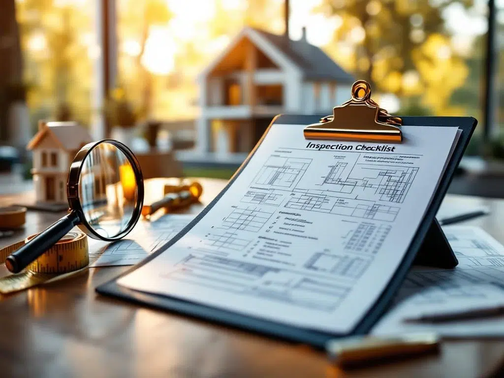 Klembord van bouwinspecteur met blauwdrukken en checklist naast huismodel en meetgereedschap op houten tafel