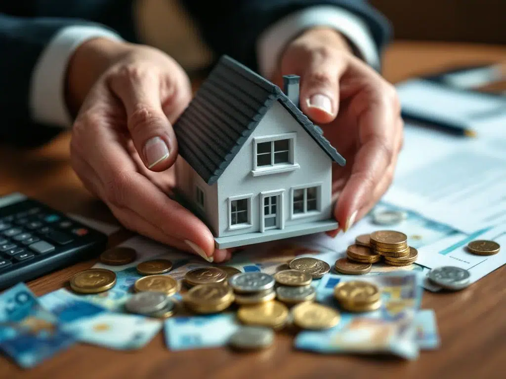 Handen houden miniatuur Nederlands huis boven eurobiljetten en munten op houten bureau met calculator en documenten