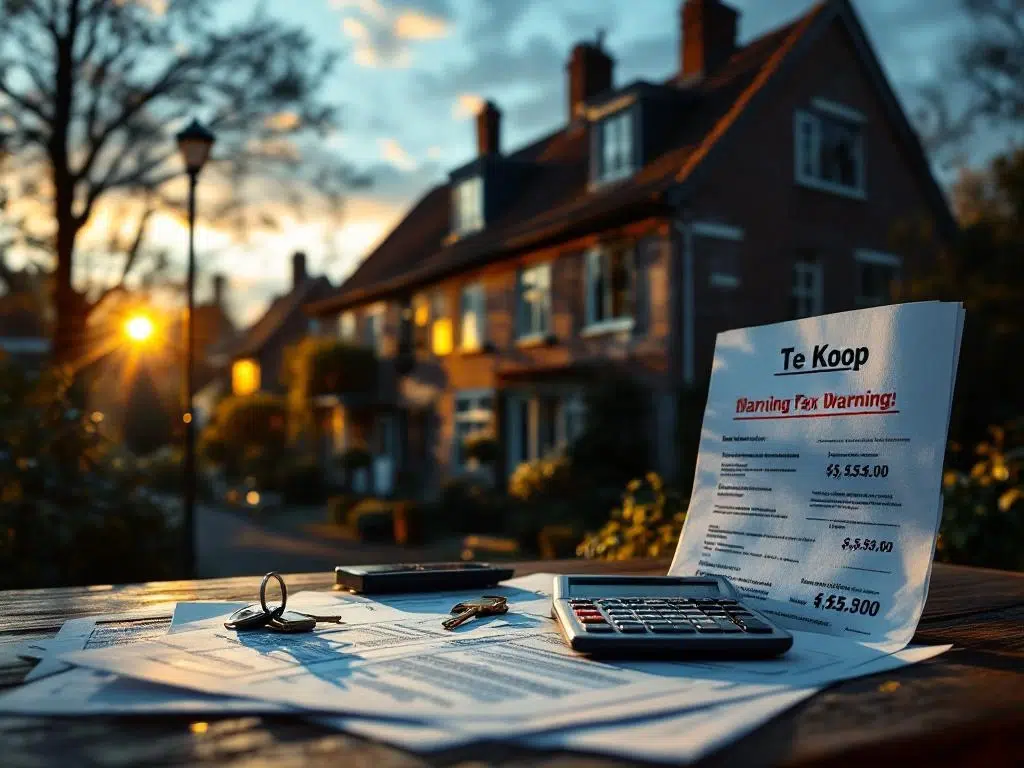 Nederlands huis met "Te Koop" bord, belastingdocumenten en calculator op bureau, dramatische belichting
