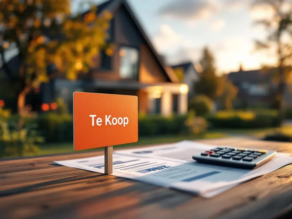 Nederlands huis met "Te Koop" bord en WOZ documenten op bureau, toont vastgoedmarkt uitdagingen