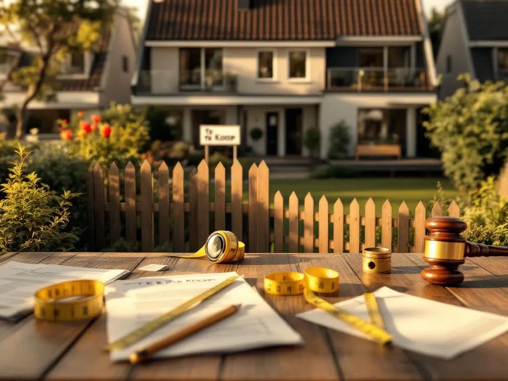 Luchtfoto van modern Nederlands huis te koop met grensdispuut, houten hek, meetlint en juridische documenten op tafel