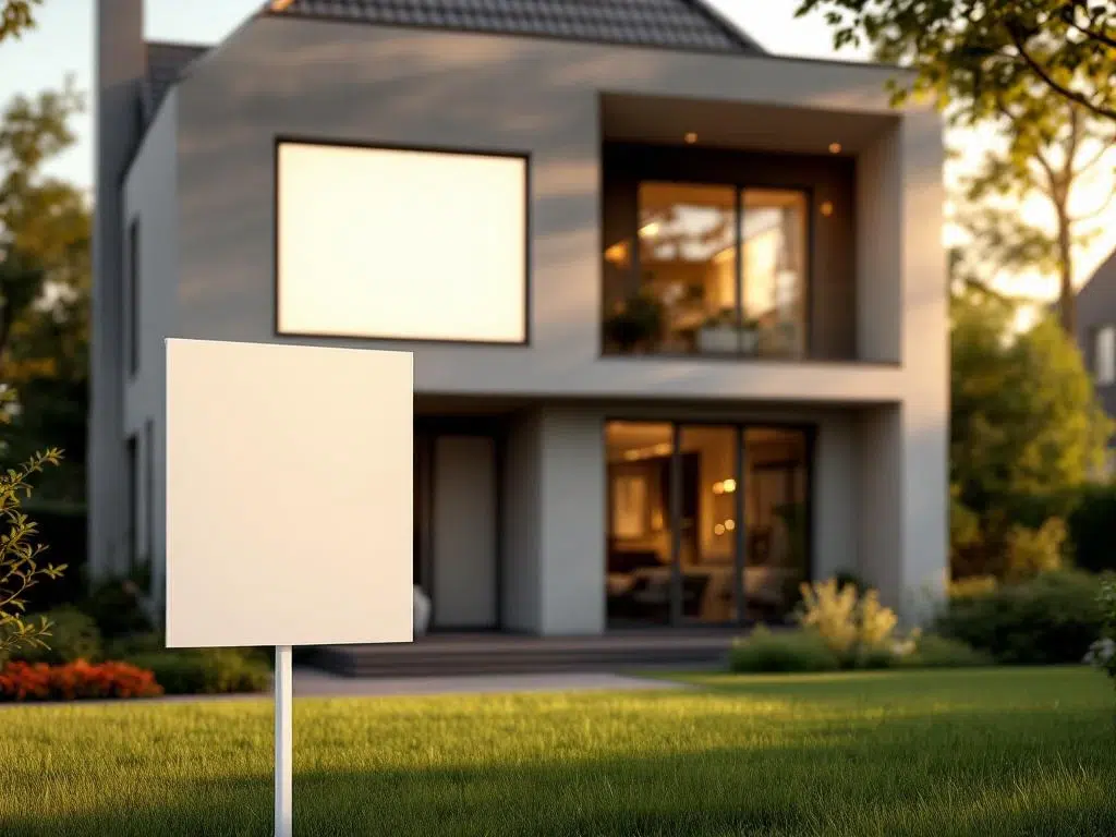 Modern Nederlands huis met lege witte rechthoek voor energielabel op gevel en Te Koop bord op voorgrond