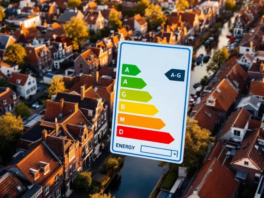 Luchtfoto van Nederlandse huizen met rode pannendaken en energie-efficiëntielabel A-G certificaat boven woonwijk