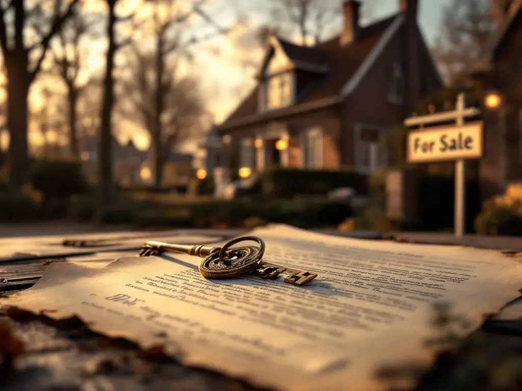 Nederlands herenhuis met bakstenen gevel, vintage sleutels op erfenisdocumenten, discrete te koop bord, warme verlichting