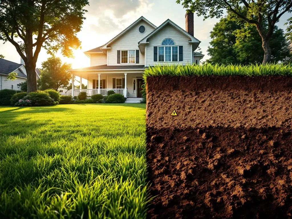 Huis met schone tuin links versus doorsnede vervuilde ondergrond rechts, industriële waarschuwingssymbolen zichtbaar