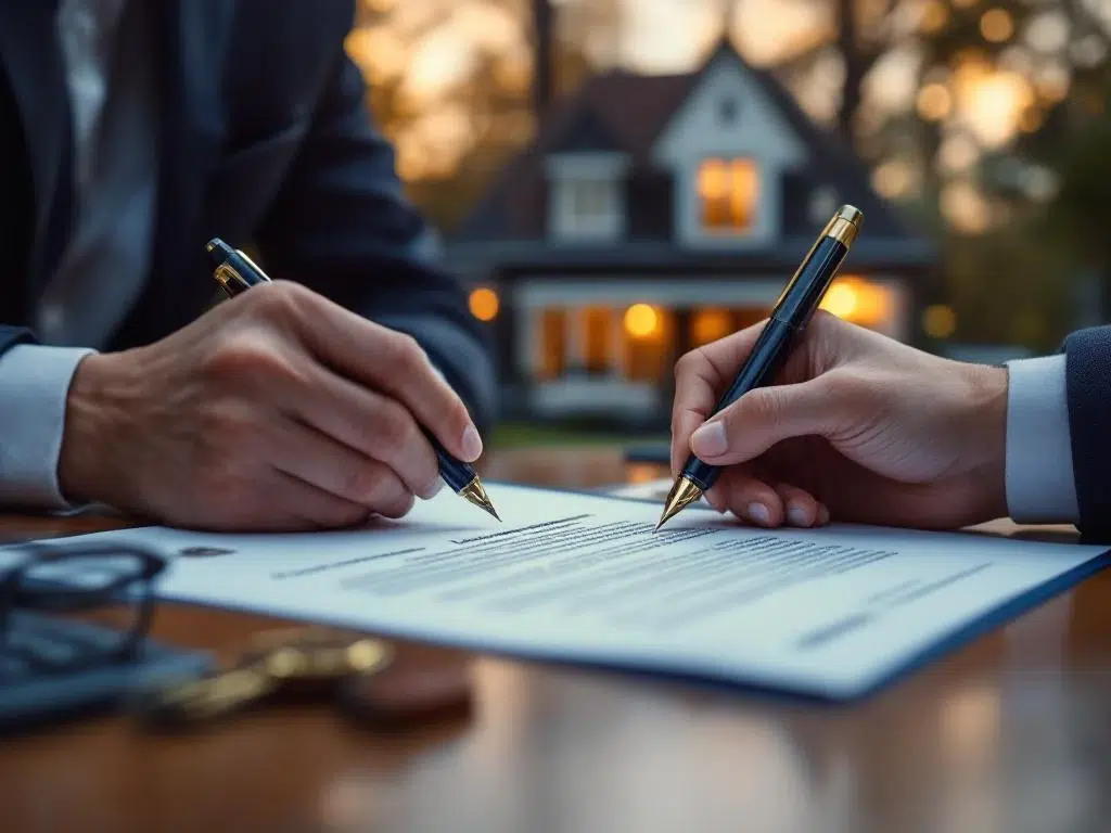 Handen tekenen koopcontract met vulpen op mahonie bureau, huissleutels en Nederlandse woning op achtergrond