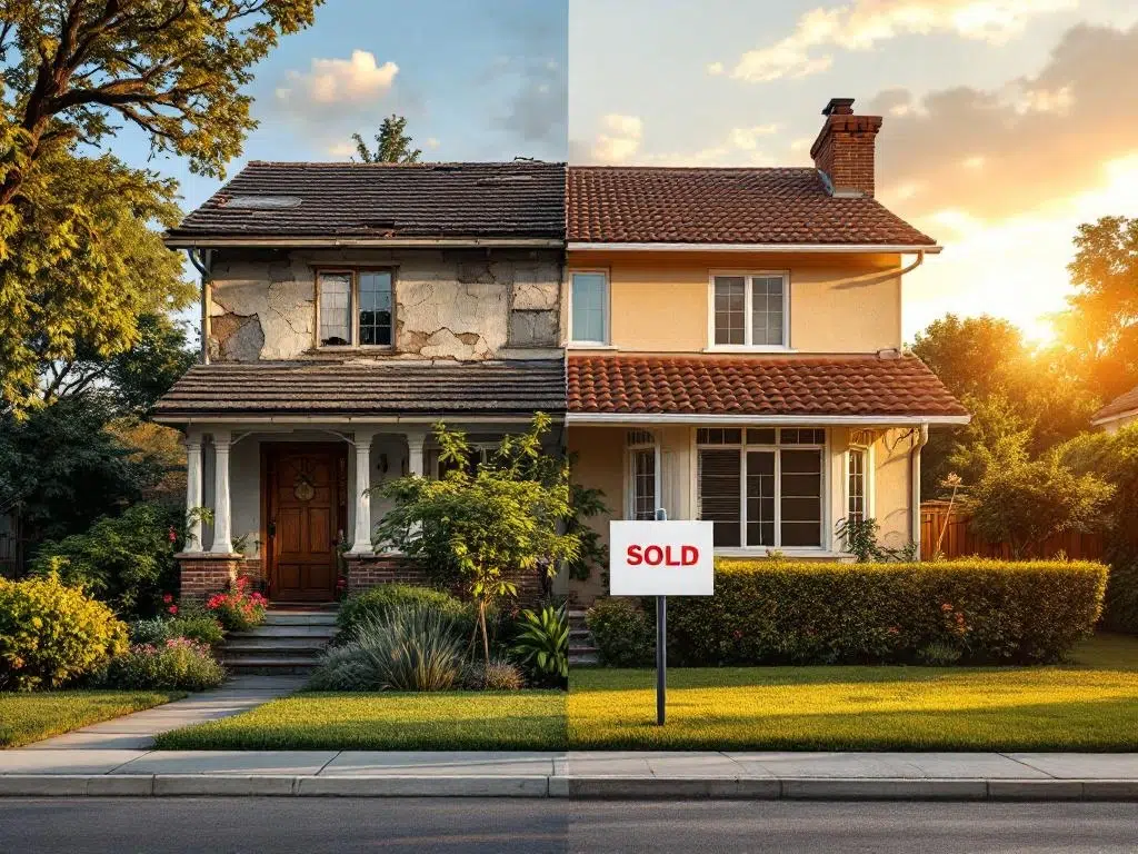 Huis voor en na renovatie: links vervallen met afbladderende verf, rechts gerenoveerd met SOLD bord in tuin