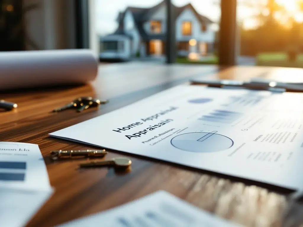 Woningtaxatierapport met officiële stempels op houten bureau naast huissleutels en blauwdrukken, met natuurlijk licht